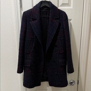 ZARA WOMAN Textured Plaid Double Breasted Pea Coat XS Dark Navy Red Tweed